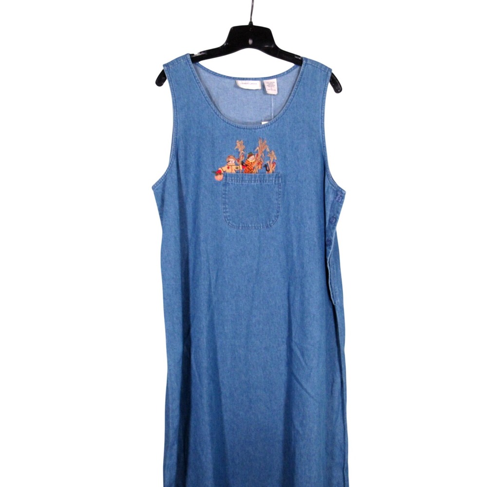NWT LEMON GRASS Cottagecore HARVEST FALL SCARECROWS Pockets JUMPER DENIM DRESS L